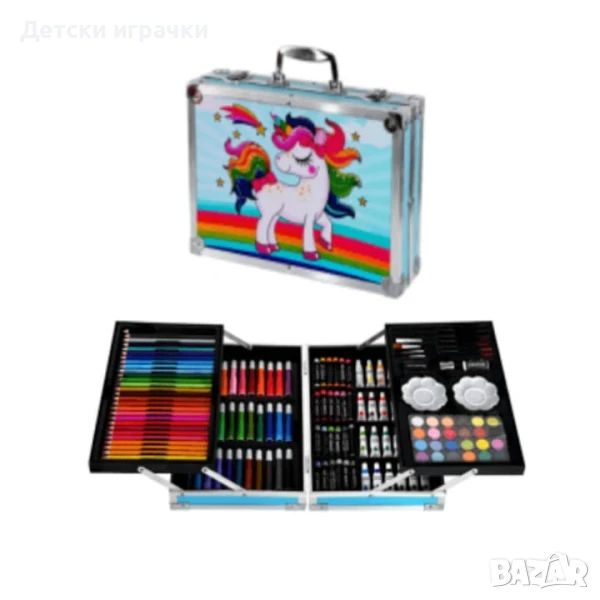 Детско куфарче за рисуване Еднорог, 145 части, Син/розов , снимка 1