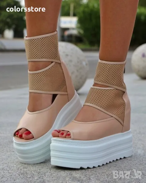 Летни боти на платформа - бежова кожа с бяло ходило - LB70, снимка 1