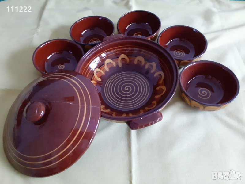домакински  гледжосан керамичен (рисувана керамика) сет  за супа, снимка 1