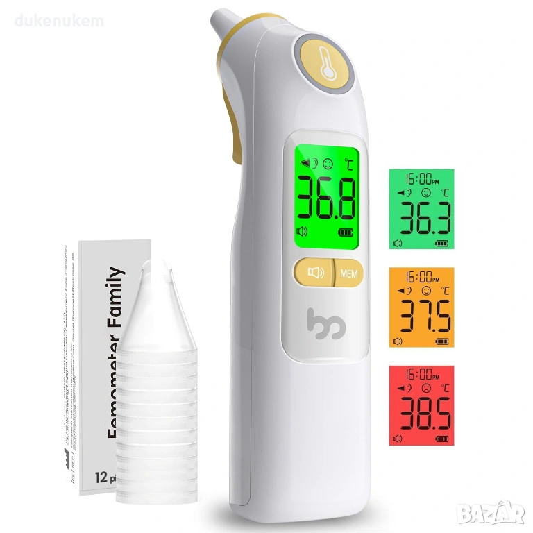 Инфрачервен термометър за ухо, бърз, точен, с цветна индикация, снимка 1
