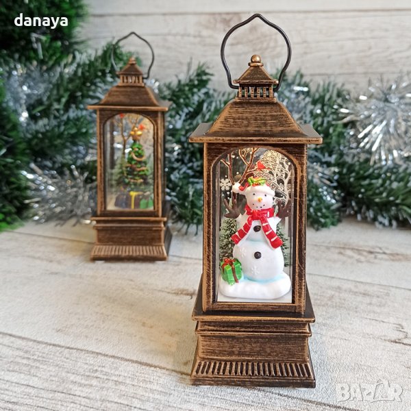 3187 Светещ коледен фенер с фигури Дядо Коледа Елха Снежко, снимка 1