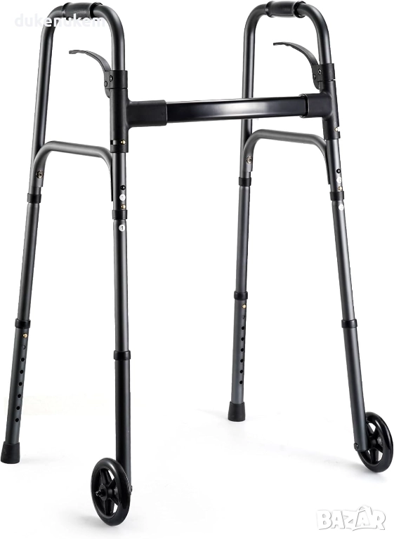 Лека сгъваема проходилка с колелца, регулируема височина, алуминиеви дръжки и тригер функция, снимка 1