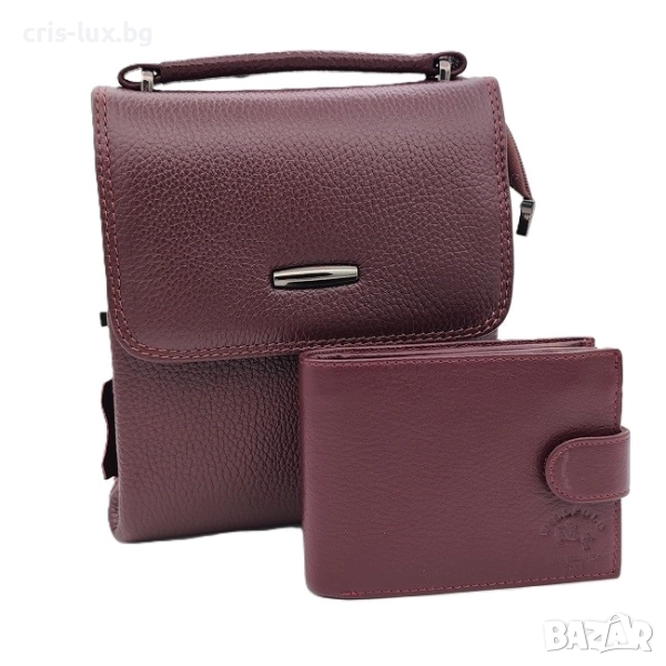 Подаръчен комплект за мъж – бордо чанта и портфейл от естествена кожа Will Polo-MPK-043, снимка 1