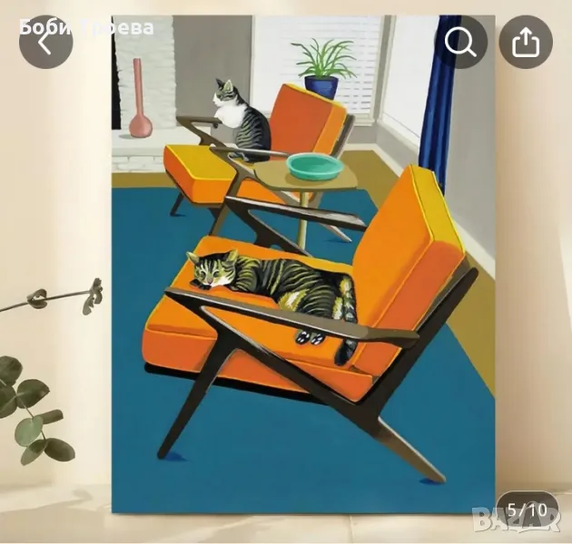 Рамкирана картина в стил Арт Деко, Абстрактна къща с коте, Вътрешен/Външнен Универсален декор, снимка 1