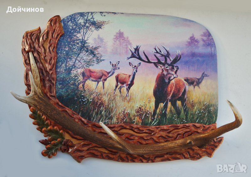 Картина "Елени - привечер", дърворезба с рог от благороден елен, снимка 1