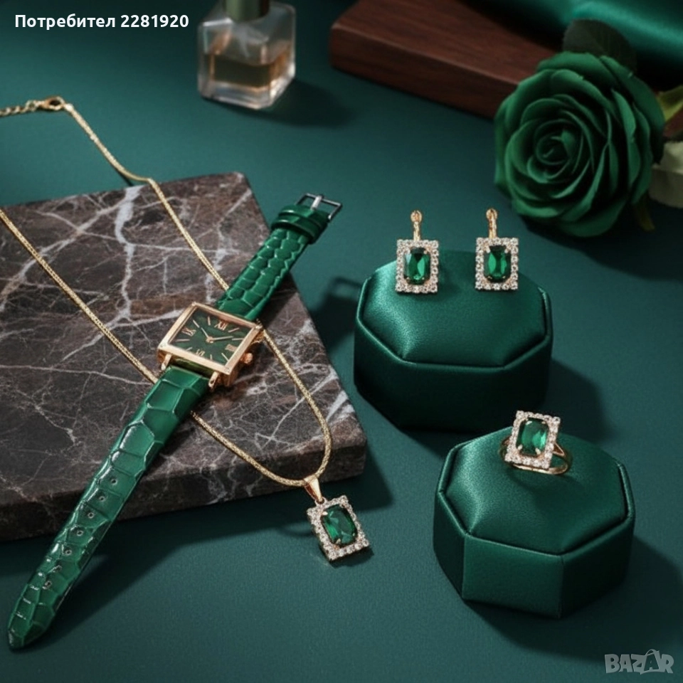 Елегантен комплект часовник и бижута с зелени кристали и златист корпус, снимка 1