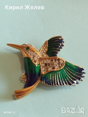 Винтидж брошка Колибри Attwood - Sawyer с 22 карата златно покритие Сваровски  емайл 75081, снимка 6 - Колиета, медальони, синджири - 52571885
