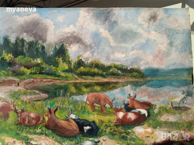 Стара картина , пейзаж с говеда на паша в рамка , снимка 7 - Картини - 49249607
