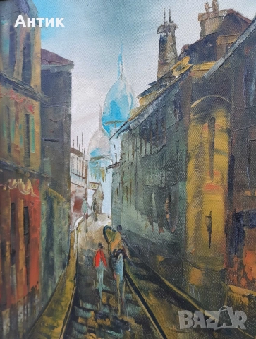 Красива Стара Картина Уличен Пейзаж Живопис Маслени Бои на Платно, снимка 7 - Антикварни и старинни предмети - 52908859