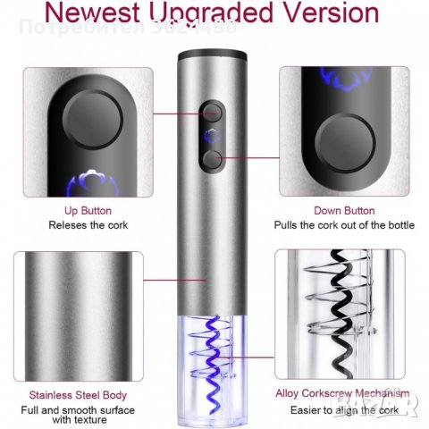 ЕЛЕКТРИЧЕСКИ ТИРБУШОН ЗА ВИНО - КОМПЛЕКТ 4 ЧАСТИ, снимка 7 - Други стоки за дома - 39984419