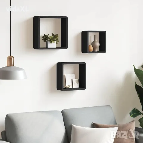vidaXL Стенни кубични рафтове, 3 бр, черни, МДФ, снимка 3 - Етажерки - 56146815