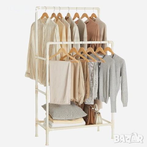 SONGMICS Закачалка за дрехи, метална стойка с 2 релси за окачване и рафт за съхранение, максимално н, снимка 3 - Гардероби - 53860299