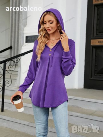 Дамски едноцветен свободен пуловер с качулка и V-образно деколте, 3цвята - 023 , снимка 17 - Блузи с дълъг ръкав и пуловери - 41906991