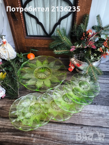 Ураново стъкло – арт деко комплект чинии, снимка 8 - Антикварни и старинни предмети - 52818229