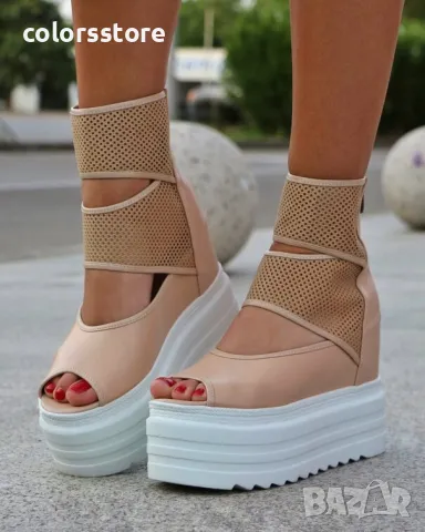 Летни боти на платформа - бежова кожа с бяло ходило - LB70