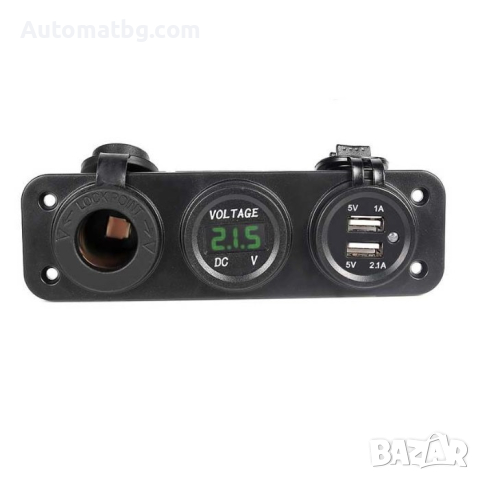 Монтажен панел 3 в 1 Automat, С волтметър, 2 USB, Гнездо за запалка, Черен