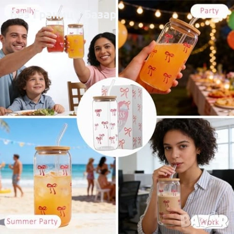 Нова Стъклена чаша 500мл с бамбуков капак, сламка и четки, панделка, снимка 6 - Чаши - 53696302