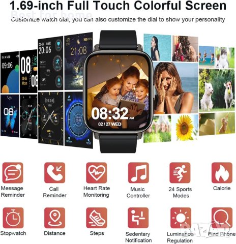 Nerunsa смарт часовник  за мъже, жени,Фитнес часовник IP68 Водоустойчив 24 Спорт, Пулсомер/Педометър, снимка 2 - Смарт гривни - 41475828