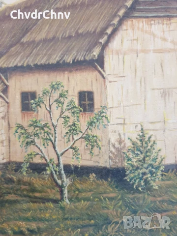 76х56см ферма/голяма картина масло върху платно/къща-хора-кладенец/дървена рамка, снимка 7 - Картини - 50896410