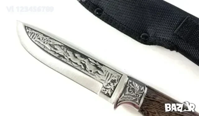 Богато двустранно гравиран ловен нож с инкрустирани вълци 130х255, снимка 3 - Ножове - 53813841