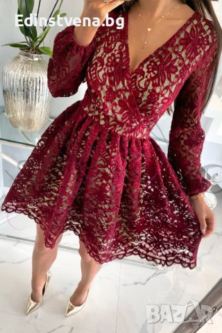 Дантелена дамска рокля в цвят бордо, с дълъг ръкав и V-образно деколте, снимка 1 - Рокли - 42521969
