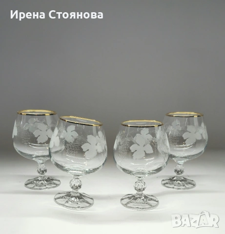 Кристални чаши за коняк/бренди Bohemia. Златен, плътен кант и гравюра с гроздов декор, снимка 6 - Чаши - 53390343