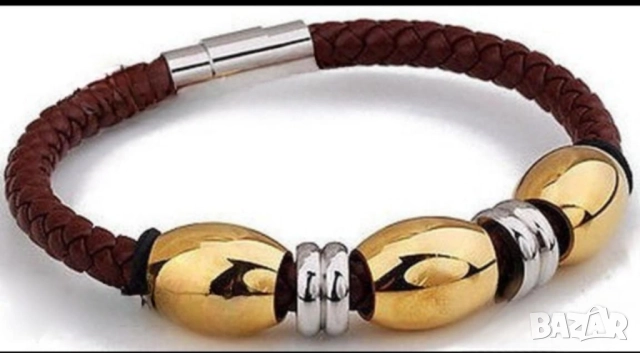 Фешън гривна от кафява кожа и мъниста от неръждаема стомана 15 лв.