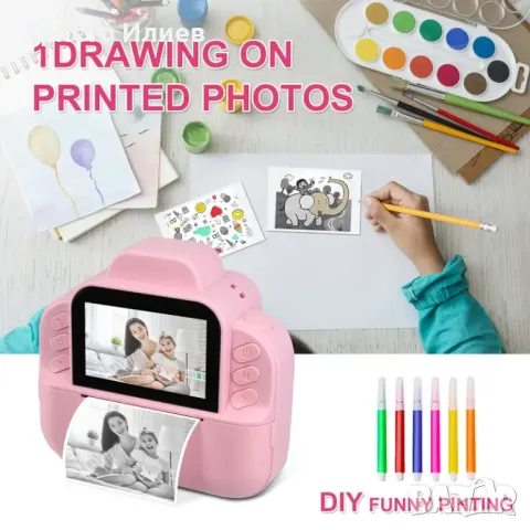 Детски фотоапарат за моментни снимки с дисплей мини термален Принтер с хартия комплект Розов Син, снимка 9 - Фотоапарати - 49648947