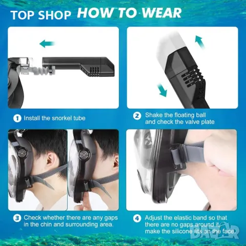 KUYOU Цялолицева маска за гмуркане с шнорхел, с най-новата дихателна система Dry Top, сгъваема 180°, снимка 4 - Водни спортове - 49333100