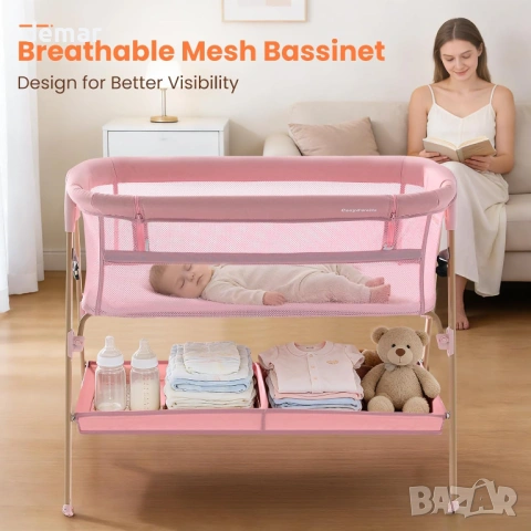 Бебешко креватче Next to Me, 3 в 1 с колелца, мрежа против комари и матрак, розово, снимка 2 - Бебешки легла и матраци - 53646956