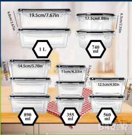 Комплект от 12 кутии за храна за обяд – пластмасови контейнери с капаци, снимка 2 - Кутии за храна - 52871258