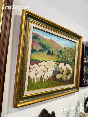 Маслена картина - "Овце на Паша" , снимка 3 - Антикварни и старинни предмети - 53618215