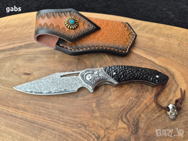 Уникален сгъваем нож дамаска стомана с кожена кания, снимка 2 - Ножове - 52325439