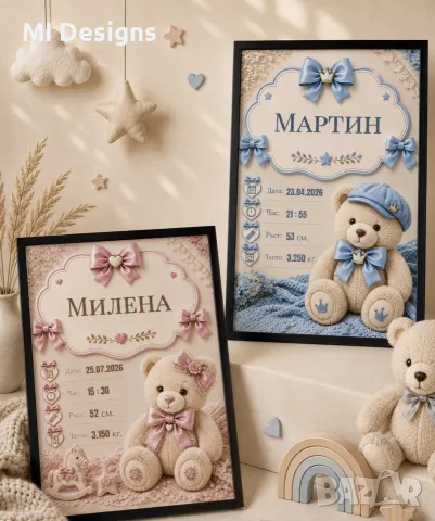 Bestseller - Бебешка визитка с мече за момче или момиче с рождени данни