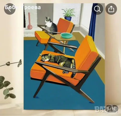 Рамкирана картина в стил Арт Деко, Абстрактна къща с коте, Вътрешен/Външнен Универсален декор, снимка 1