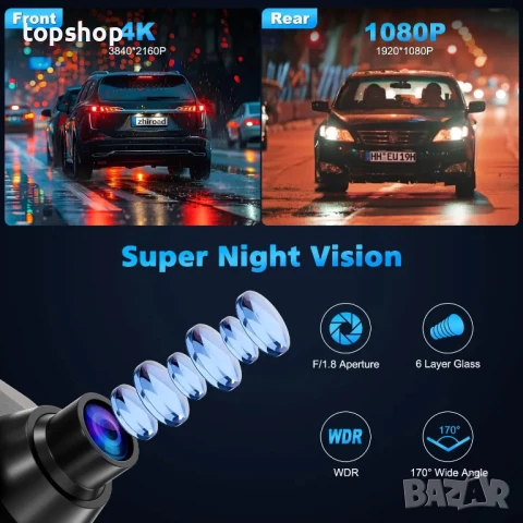 WeBeqer Dashcam, даш камера в  огледало с 10" сензорен екран, 64GB карта, 4K+1080P, 170 градуса..., снимка 7 - Аксесоари и консумативи - 50501438