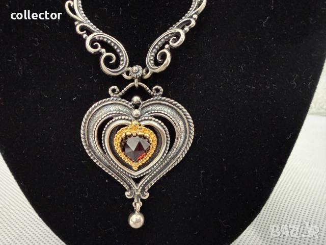 Сребърно колие с гранат и позлата - Ар Деко. №7774, снимка 4 - Колиета, медальони, синджири - 52847565