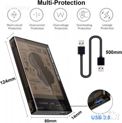 USB 3.0 кутия за 2.5" SATA SSD, HDD, 7 и 9,5 mm, с USB 3.0 кабел , снимка 2 - Други - 35980678