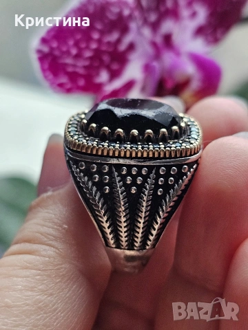 Мъжки сребърен пръстен с черен Обсидиан, снимка 2 - Пръстени - 53138826