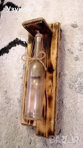 Ръчно изработена лампа за механа или барбекю от дърво, въже и стъклена бутилка., снимка 2 - Лампи за стена - 40978564
