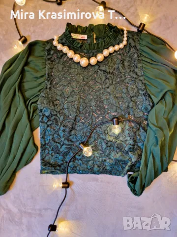 Комплект: стилна зелена блуза с дантела + огърлица, размер XS, снимка 4 - Блузи с дълъг ръкав и пуловери - 50229725