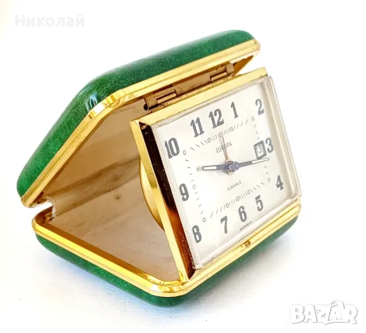 Будилник немски Europa с кожена табакера, снимка 3 - Антикварни и старинни предмети - 48834974