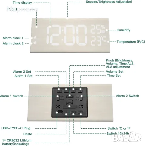 Дървен Дигитален Будилник / Чифров Часовник с влагомер, снимка 10 - Други стоки за дома - 48224513