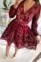 Дантелена дамска рокля в цвят бордо, с дълъг ръкав и V-образно деколте, снимка 1 - Рокли - 42521969