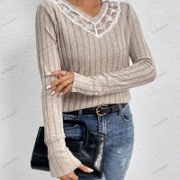 Дамски едноцветен пуловер с V-образно деколте и дълги ръкави - 023, снимка 3 - Блузи с дълъг ръкав и пуловери - 42630432
