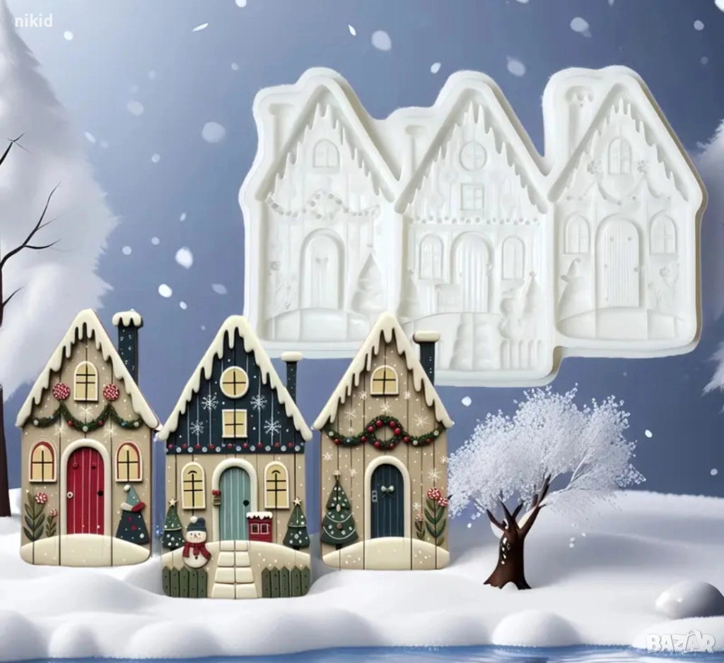 3 зимни къщи къщички къща  силиконов молд форма фондан шоколад декор украса, снимка 1