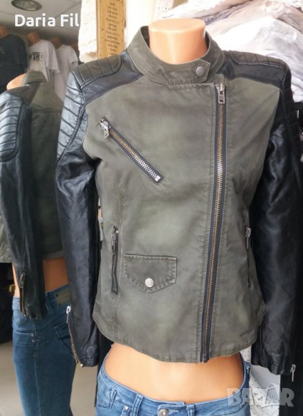 Дамско яке в зелен деним с черни кожени ръкави , снимка 1