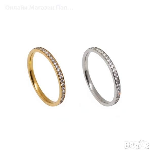 Елегантен пръстен от неръждаема стомана с множество циркони – златист и сребрист, снимка 1