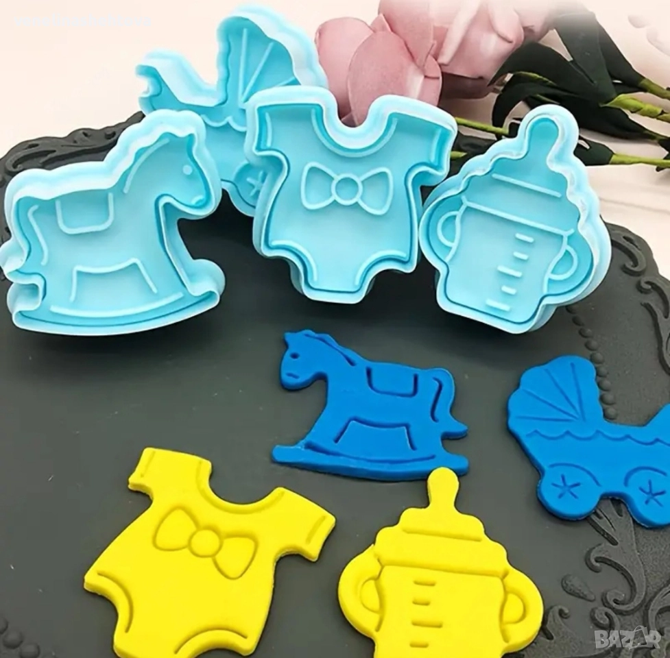 Бебе бебешка количка боди шише конче резци резец с бутало фондан бисквитки декорация , снимка 1