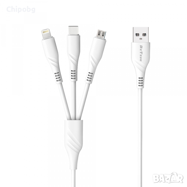 Кабел за зареждане DeTech DE-C40, 3 в 1, Micro USB, Lightning, Type-C, 1.0m, Бял -, снимка 1